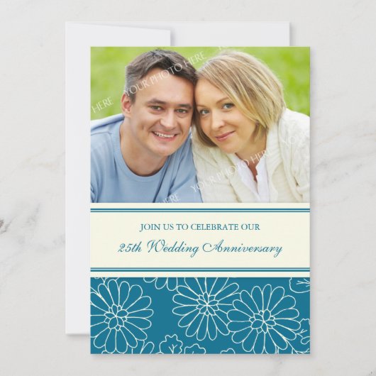 ターコイズ フラワーフォト 25周年 誕生日 インビテーション (正面)