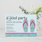 ターコイズ フラワー フリップ フロップ プールパーティー 招待状 (スタンド正面)