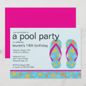 ターコイズ フラワー フリップ フロップ プールパーティー 招待状 (正面/裏面)