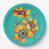 ターコイズ フラワー ブライト オレンジ イエロー フラワー ペーパープレート (正面)