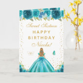 ターコイズ フラワー ブロンド ヘア ガール スイート シックスティーン カード (黄色い花)