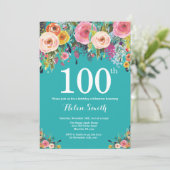 ターコイズ フラワー 100歳の誕生日 招待状 (スタンド正面)