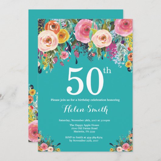 ターコイズ フラワー 50歳の誕生日招待状 招待状 (正面/裏面)