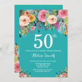ターコイズ フラワー 50歳の誕生日 招待状 (正面/裏面)