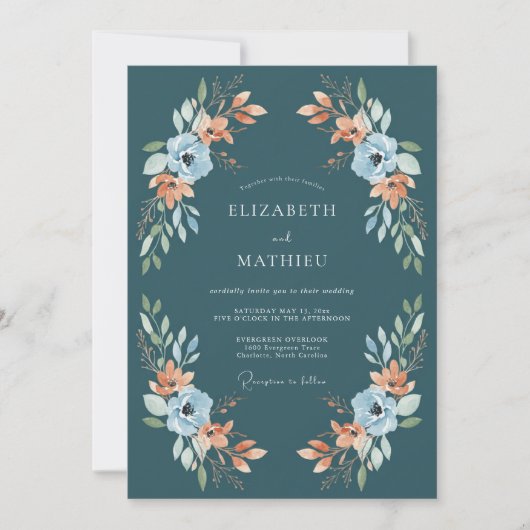 ターコイズ フローラル アーチ ウェディング 招待状 (正面)