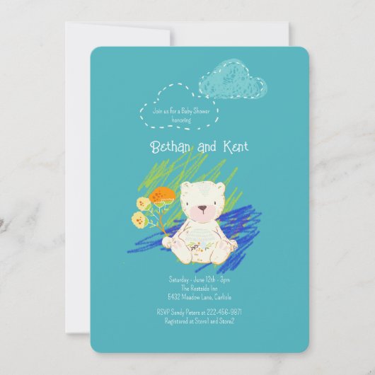 ターコイズ ブホ テディベア ベビーシャワー 招待状 (正面)