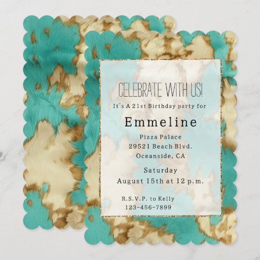 ターコイズ ブラウン カウハイド ウェスタンカウガール 招待状 (正面/裏面)