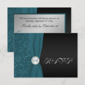 ターコイズ＆ブラックのダマスク柄モノグラムの返信カード 招待状 (正面/裏面)