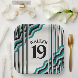 ターコイズ & ブラックの名入れペーパープレート ペーパープレート