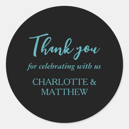 ターコイズ&ブラックの結婚クラシックラウンドステッカー ラウンドシール (正面)