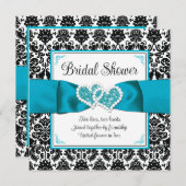 ターコイズ、ブラックダマスクラブハートブライダルシャワー 招待状 (正面/裏面)