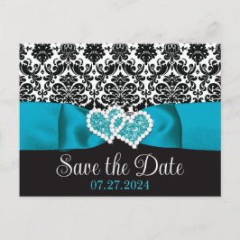 ターコイズ、ブラックダマスクラブハート日付を保存 ポストカード