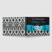 ターコイズ、ブラックダマスクラブハート結婚ズ ゲストブック (全面)