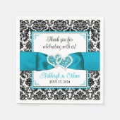 ターコイズ、ブラックダマスクラブハート結婚ズ スタンダードカクテルナプキン (正面)