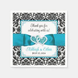 ターコイズ、ブラックダマスクラブハート結婚ズ スタンダードカクテルナプキン