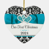 ターコイズ、ブラックダマスクラブハート結婚ズ セラミックオーナメント (裏面)