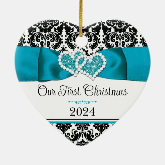 ターコイズ、ブラックダマスクラブハート結婚ズ セラミックオーナメント (裏面)