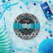 ターコイズ、ブラックダマスクラブハート結婚ズ ペーパープレート (パーティー)