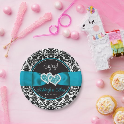 ターコイズ、ブラックダマスクラブハート結婚ズ ペーパープレート (パーティー)