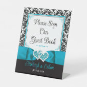 ターコイズ、ブラックダマスクラブハート結婚ズ 台座サイン (正面)