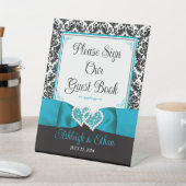 ターコイズ、ブラックダマスクラブハート結婚ズ 台座サイン (インサイチュ)