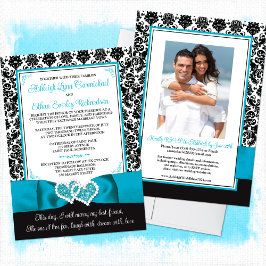 ターコイズ、ブラックダマスクラブハート結婚ズ 招待状