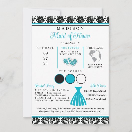 ターコイズ、ブラックラブハーツのブライズメイドインフォカード 招待状 (正面)
