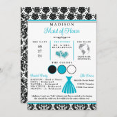 ターコイズ、ブラックラブハーツのブライズメイドインフォカード 招待状 (正面/裏面)