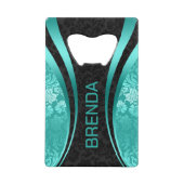 ターコイズ&ブラック幾何学模様デザインダマスクアクセント クレジットカード栓抜き (正面)