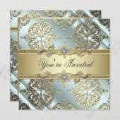 ターコイズ ブラック ゴールド ダマスク パーティー 招待状 (正面/裏面)