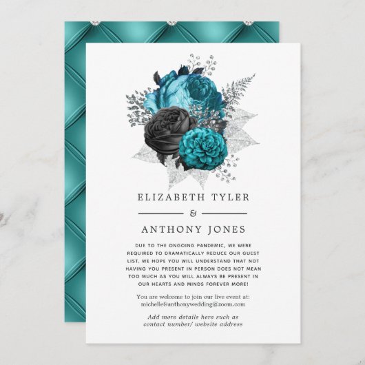 ターコイズ、ブラック、シルバーの花柄の結婚式最新情報 案内状 (正面/裏面)