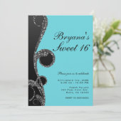 ターコイズ & ブラック シルバー グリッター スワール スイート 16 パーティー 招待状 (スタンド正面)