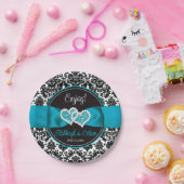 ターコイズ ブラック ダマスク ラブ ハーツ ウェディング ペーパープレート (パーティー)