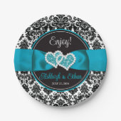ターコイズ ブラック ダマスク ラブ ハーツ ウェディング ペーパープレート (正面)