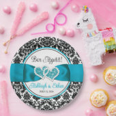 ターコイズ ブラック ダマスク ラブ ハーツ ウェディング ペーパープレート (パーティー)