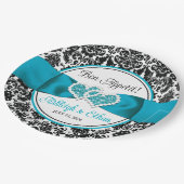 ターコイズ ブラック ダマスク ラブ ハーツ ウェディング ペーパープレート (アングル)