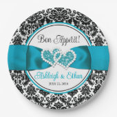 ターコイズ ブラック ダマスク ラブ ハーツ ウェディング ペーパープレート (正面)