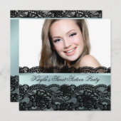 ターコイズ ブラック フォト スウィート シックスティーン バースデー パーティー 招待状 (正面/裏面)
