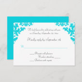 ターコイズ、ブラック、ホワイトダマスクRSVPカード 招待状 (正面/裏面)