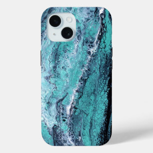 ターコイズ&ブラック 抽象的マーブル iPhone 15ケース