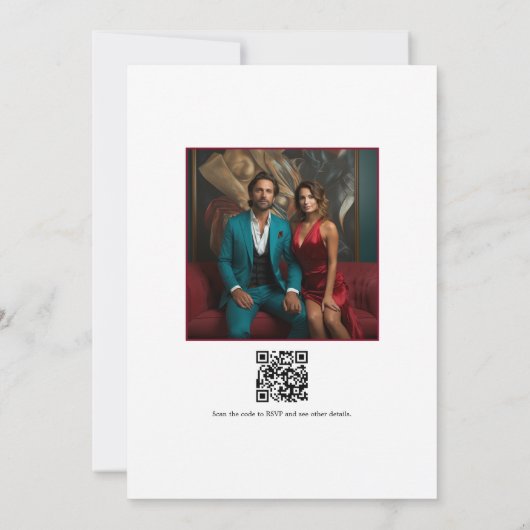 ターコイズ&ブルゴーニュフローラ結婚の写真QRコード 招待状 (裏面)