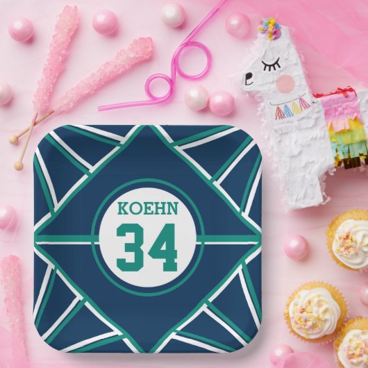 ターコイズ＆ブルーのスポーツをテーマにした紙皿 ペーパープレート (パーティー)