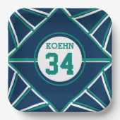 ターコイズ＆ブルーのスポーツをテーマにした紙皿 ペーパープレート (正面)