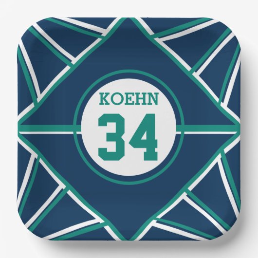 ターコイズ＆ブルーのスポーツをテーマにした紙皿 ペーパープレート (正面)