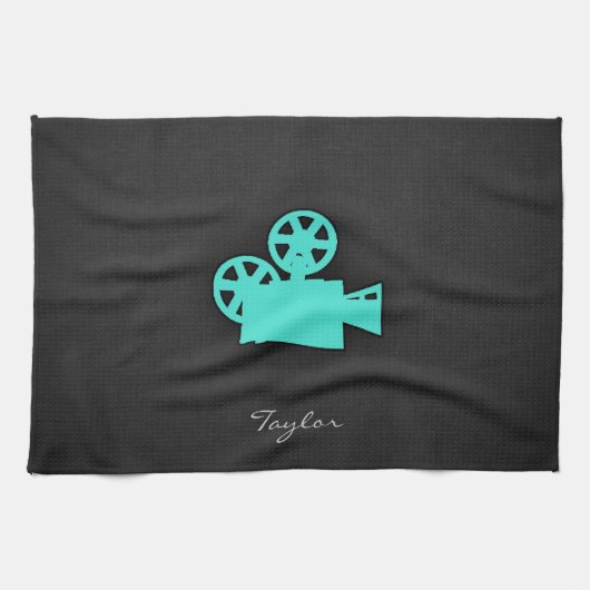 ターコイズ;ブルーグリーンムービーカメラ キッチンタオル (横)