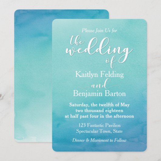 ターコイズ&ブルー オンブル 水彩 結婚式招待状 1a 招待状 (正面/裏面)