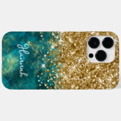 ターコイズ ブルー ギラギラ ゴールド グラム パーソナライズド Case-Mate iPhoneケース (裏面 (横))
