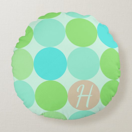 ターコイズ ブルー グリーン & オレンジ サークル モノグラム ラウンドクッション (正面)