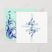 ターコイズ ブルー グリーン ホワイト 水彩 フラワー ウェディング 招待状 (正面/裏面)