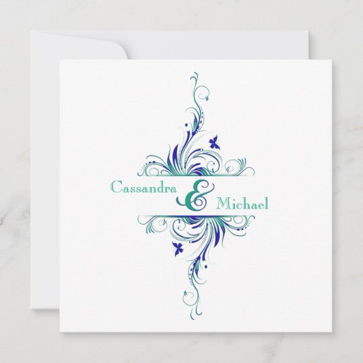 ターコイズ ブルー グリーン ホワイト 水彩 フラワー ウェディング 招待状 (正面)